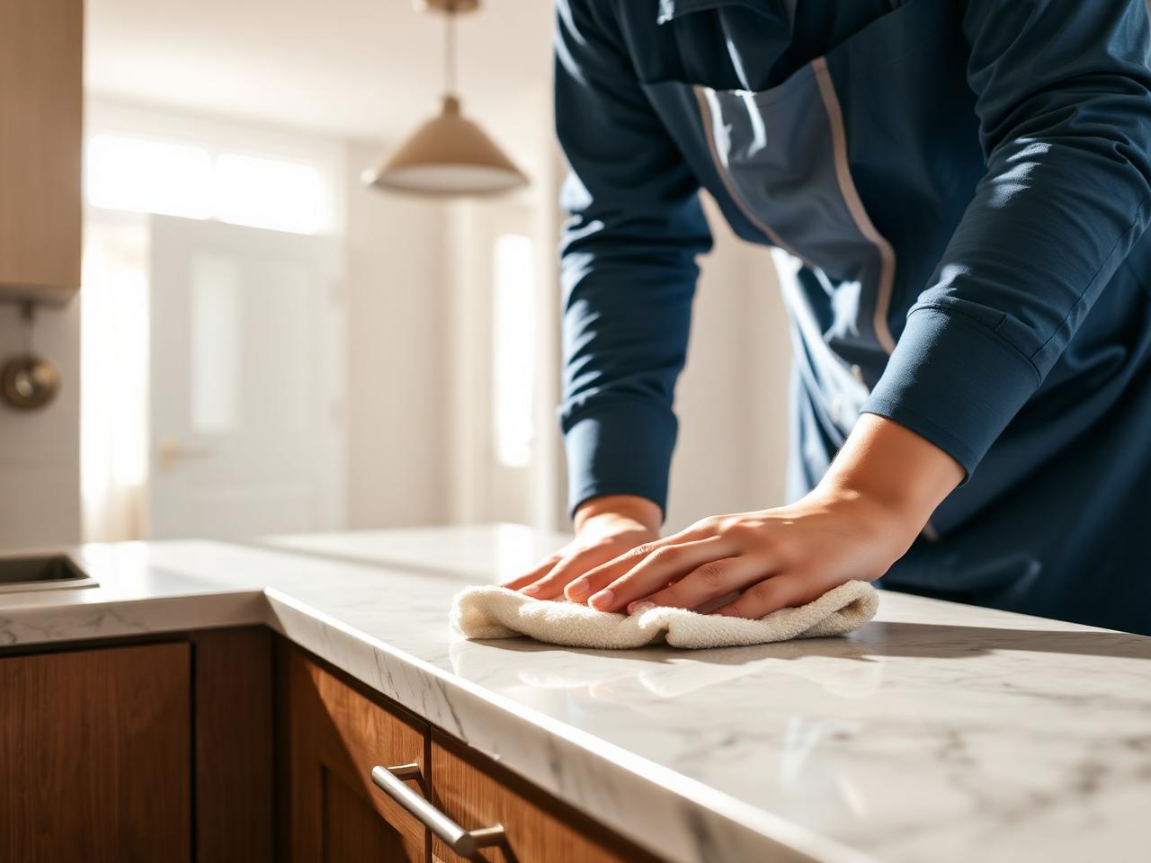 Cleaner wiping down a kitchen countertop in a vacant home