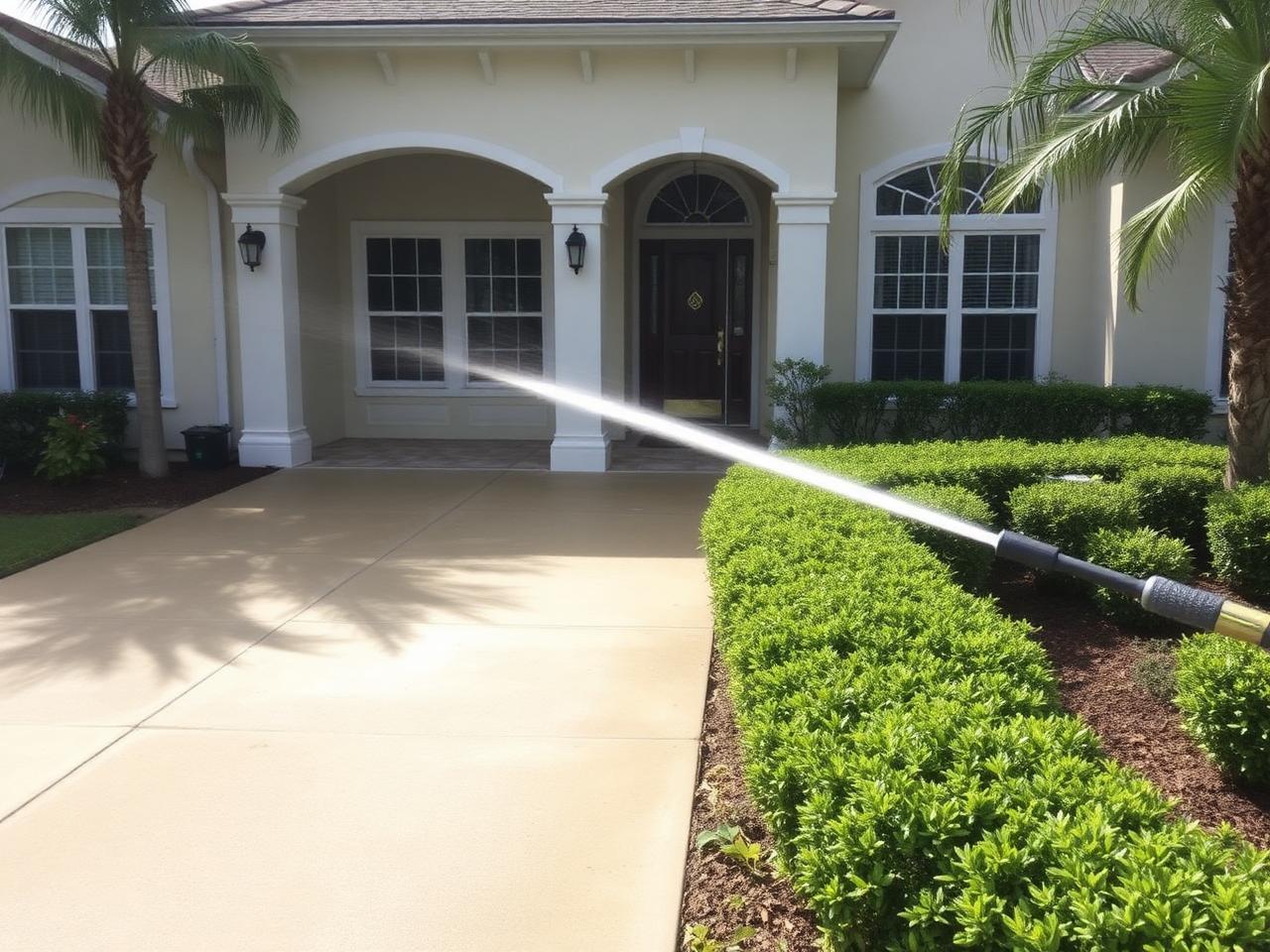 Pressure washing a residential driveway in front of a Florida home