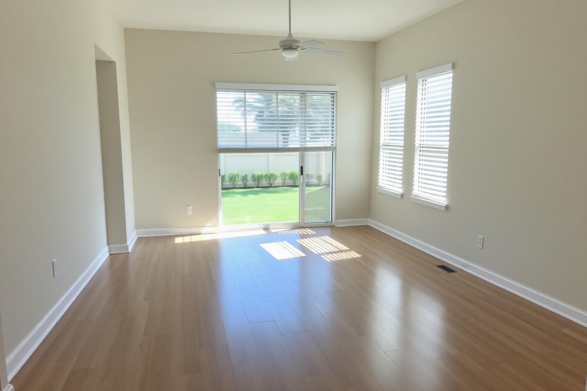 A clean, empty Florida home interior with sunlight on polished floors, ready for showing